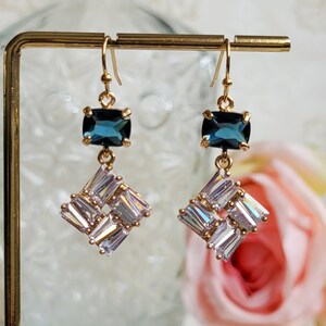 Navy blue clear crystal drop earrings Something blue Mosaic CZ crystal earrings Blue and gold earrings Blue and gold earrings gift for her image 3