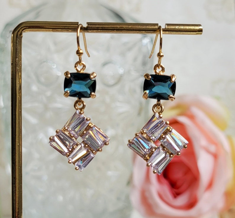 Navy blue clear crystal drop earrings Something blue Mosaic CZ crystal earrings Blue and gold earrings Blue and gold earrings gift for her image 3