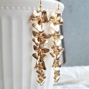 Orchid flower gold earrings, Long orchid earrings, Boho wedding Bridal earrings, Gold orchid long flower earrings, Cascading orchid earrings