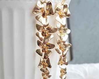Gold Orchid Cascading Earrings, Boho Bridal Jewelry