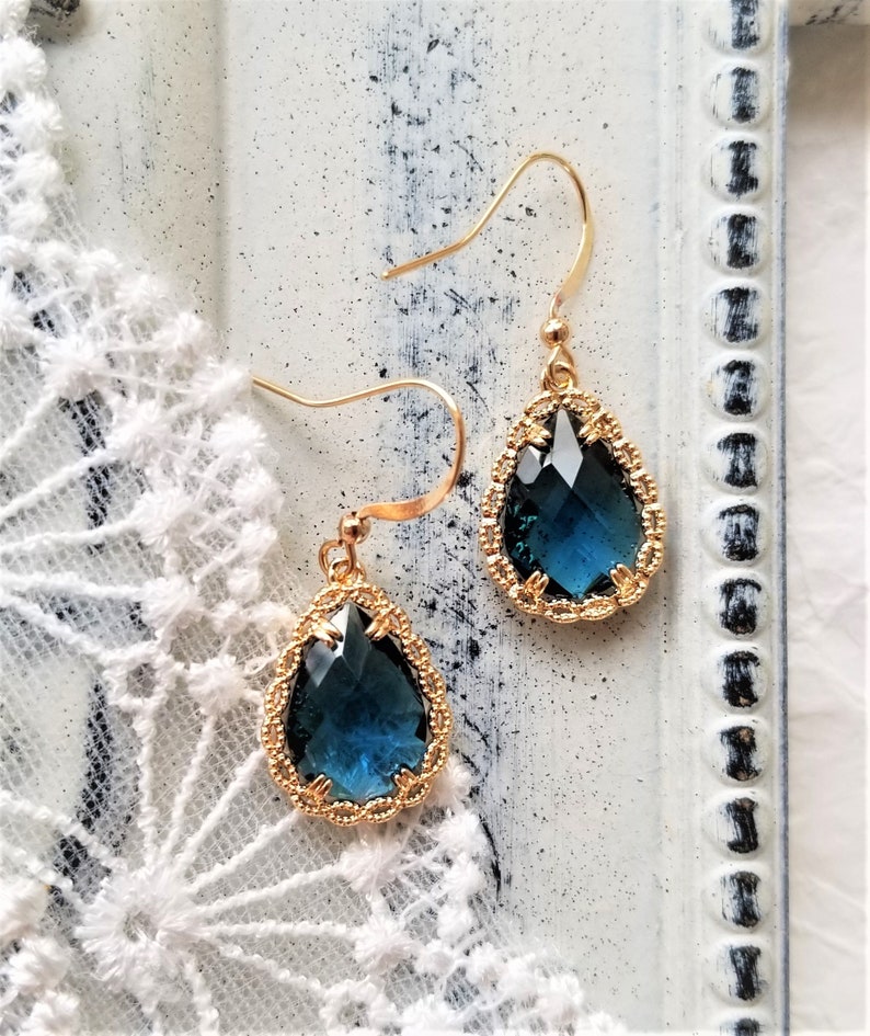 Navy blue drop earrings, Teardrop earrings, Bridal earrings, Blue and gold earrings, Wedding earrings, Something blue, Simple drop earrings image 7