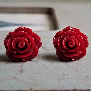 Red rose earrings, Flower stud earrings, S925 earrings, Sterling silver post earring, Sterling Silver Back, Christmas earrings image 1