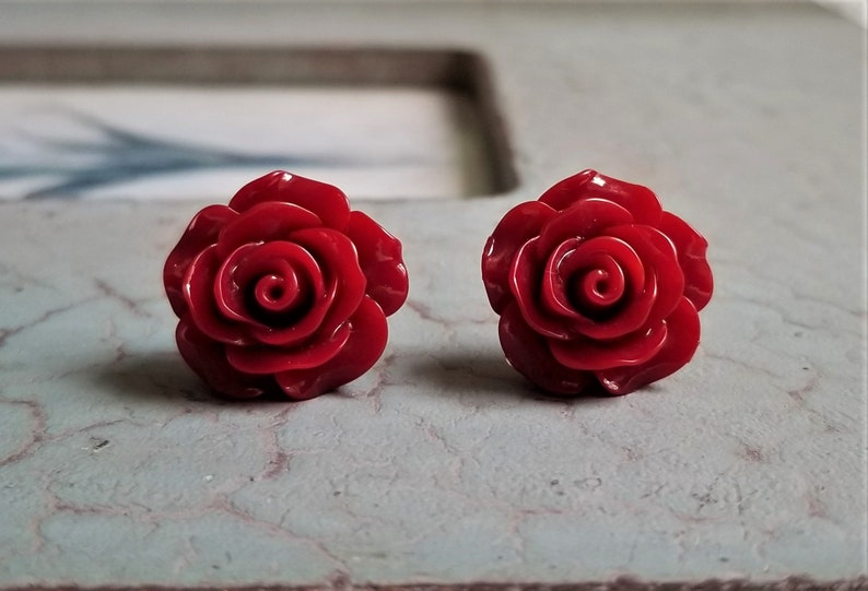Red rose earrings, Flower stud earrings, S925 earrings, Sterling silver post earring, Sterling Silver Back, Christmas earrings image 1