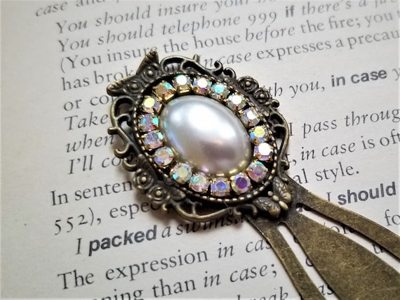 Victorian Style Pearl Bookmark, Antique Bronze Rhinestone Clip