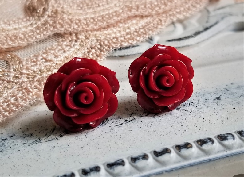 Red rose earrings, Flower stud earrings, S925 earrings, Sterling silver post earring, Sterling Silver Back, Christmas earrings image 8