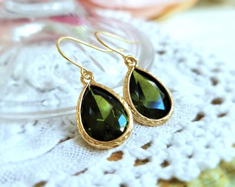 Olive green drop earrings Olive crystal earrings Simple drop earrings Bridal earrings Green and gold earrings Wedding earrings gift