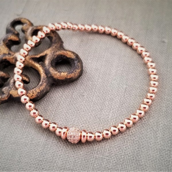 Rose gold bead bracelet Cubic Zirconia bracelet CZ Rose gold bracelet Bridesmaid bracelet gift Rose gold stretch bracelet Stacking bracelet