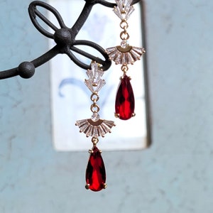 Ruby dangle earrings, Art Deco red crystal earrings, CZ stones Vintage inspired red drop bridal earrings, Gold and red S925 post