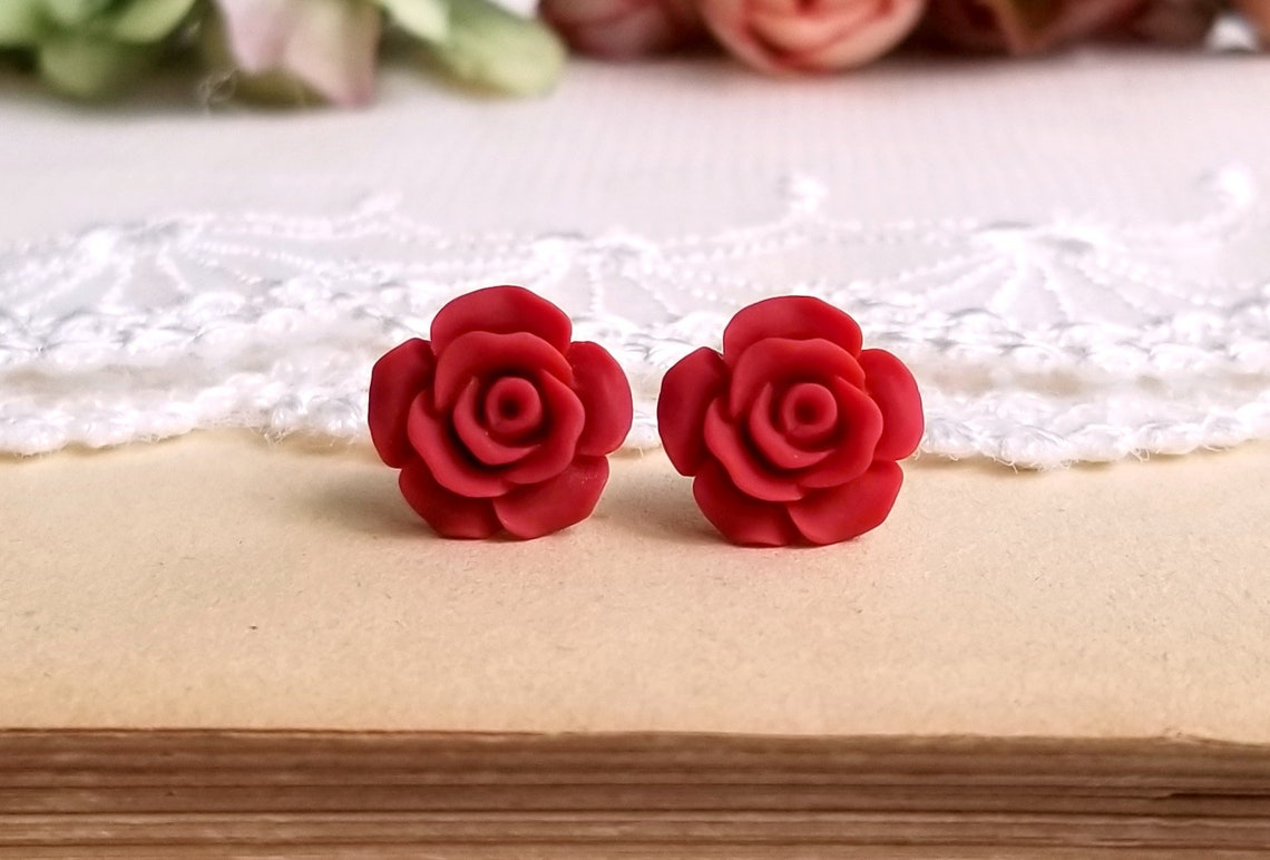 Red Flower Earrings Red Rose Earrings S925 Earrings - Etsy