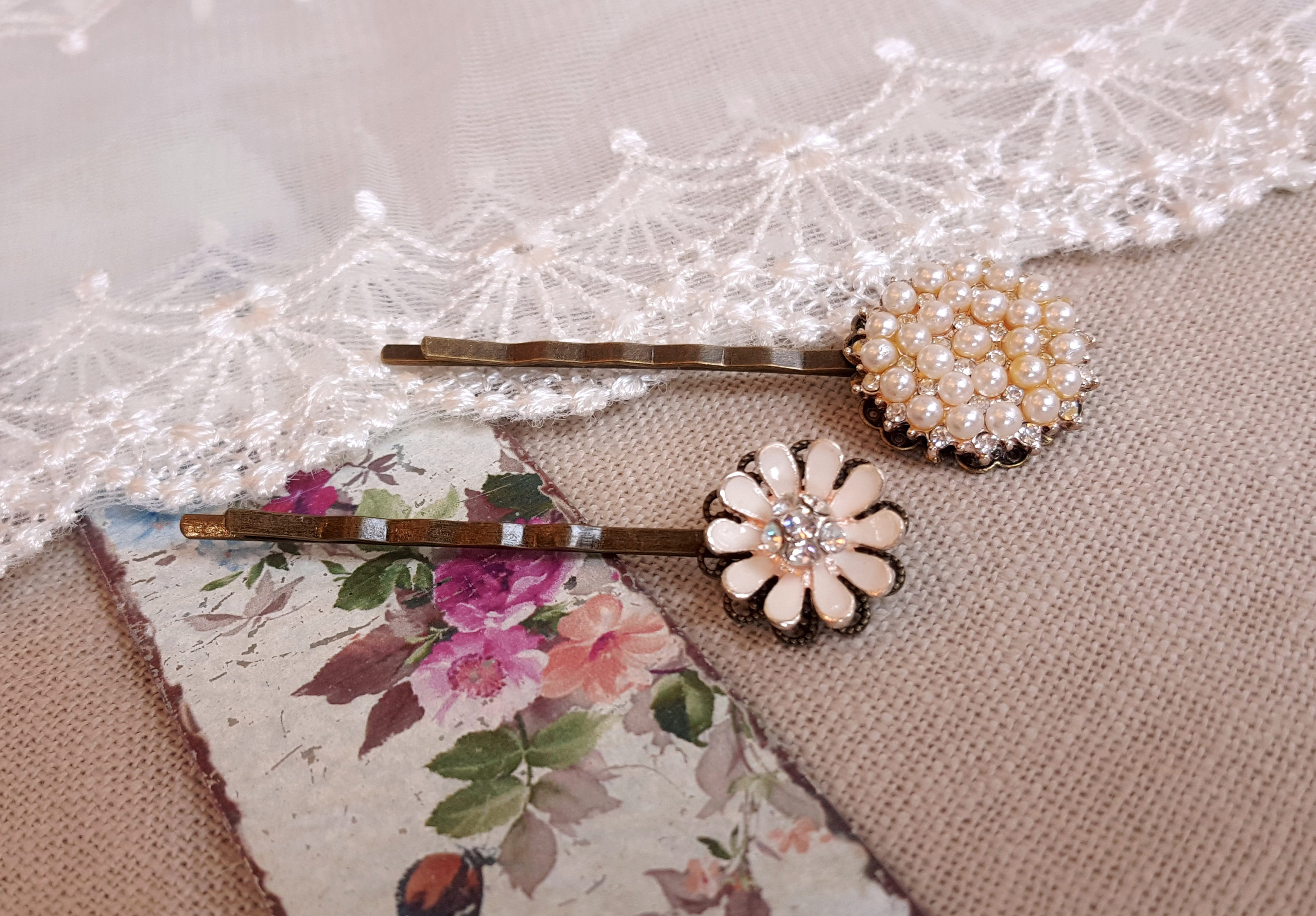 Beautiful, brand-new rose, gold and pearl/rhinestone, detailed bobby pins ? Pearl and Rhinestone Flower Bobby Pin, Bridal Hair Accessory  main image 2