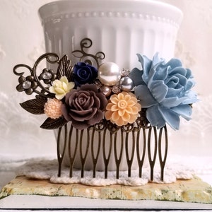 Dusty blue comb, Rustic flower comb, Shabby chic comb, Beige and Brown flower comb, Bridesmaid&#39;s comb, Something blue flower comb