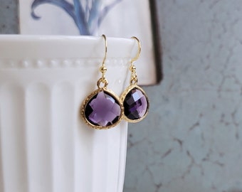 Purple crystal earrings, Birthstone jewelry, Bridesmaid earrings, Teardrop earrings, Purple drop earrings, February birthstone