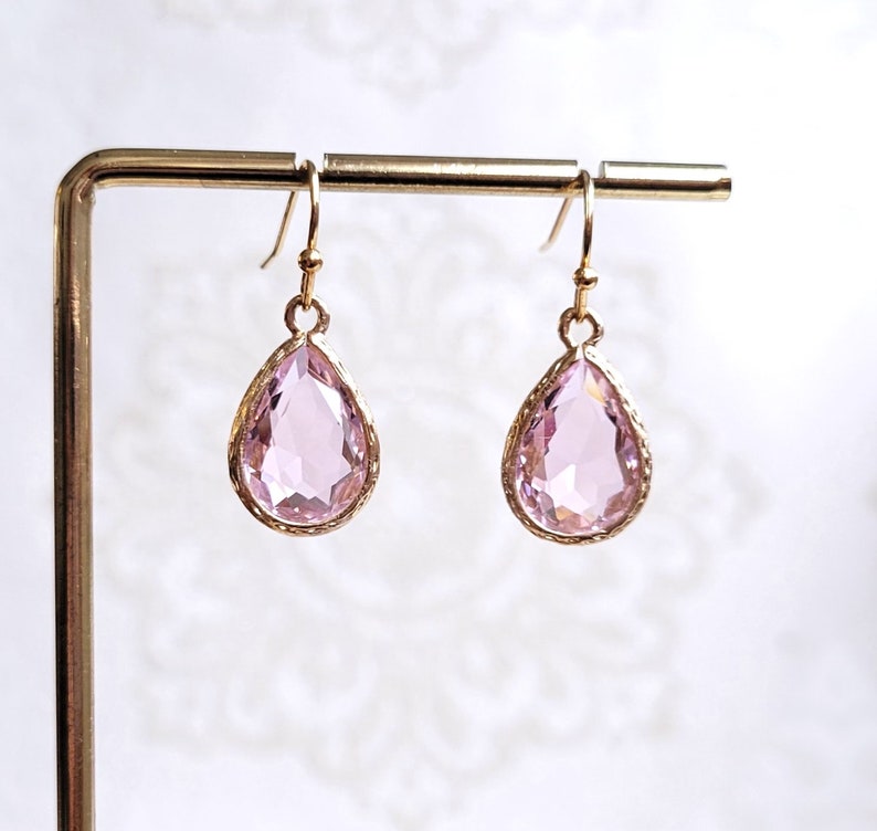 Pink drop earrings Pink crystal earrings Bridal earrings Crystals and gold earrings Wedding earrings Pink and gold earrings Gift for her zdjęcie 5