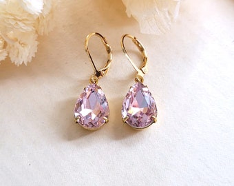 Pink crystal teardrop earrings, Blush pink earrings, Pink and gold earrings, Pink rhinestone earrings, Modern everyday wear, Gift for her