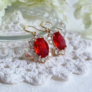Red Crystal Drop Earrings, Gold Plated CZ Halo, Bridal Jewelry image 8