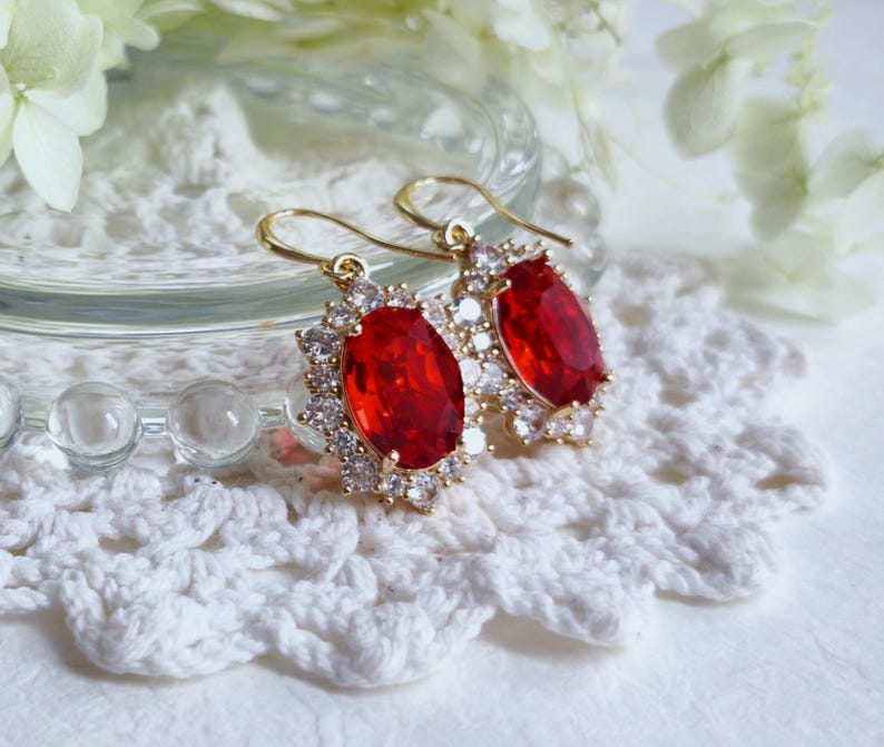 Red Crystal Drop Earrings, Gold Plated CZ Halo, Bridal Jewelry image 8