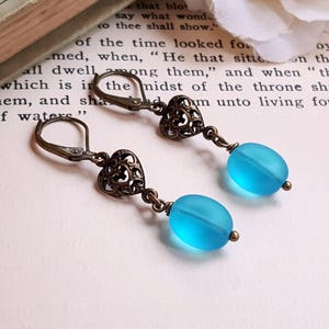 Vintage inspired aqua teal Czech glass heart filigree earrings Boho gift earrings Shabby chic earrings