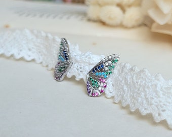 Butterfly earring, Silver butterfly stud earring, Cubic Zirconia earring, Colorful butterfly stud earring, Earrings gift, Minimalist earring