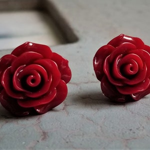 Red rose earrings, Flower stud earrings, S925 earrings, Sterling silver post earring, Sterling Silver Back, Christmas earrings image 5