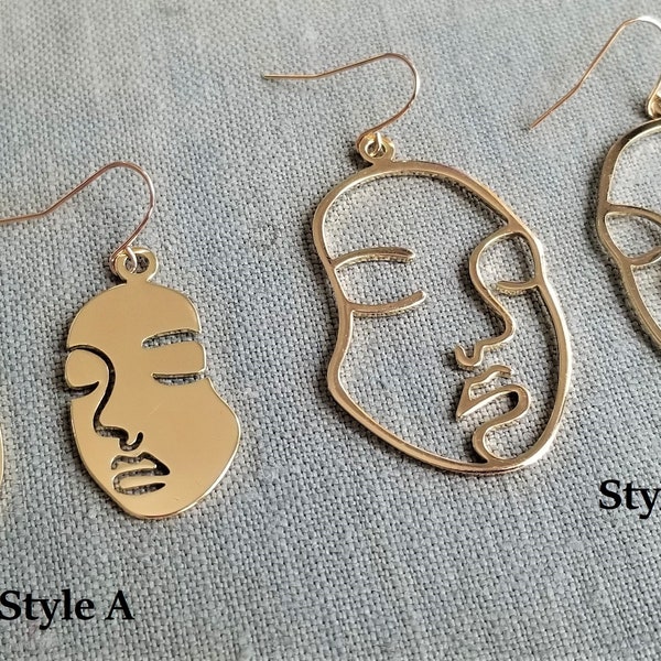 Face Earrings, Hollow Earrings, Picasso Face Earrings, Abstract earrings, Gold face earrings, Drop earrings, Minimal earrings