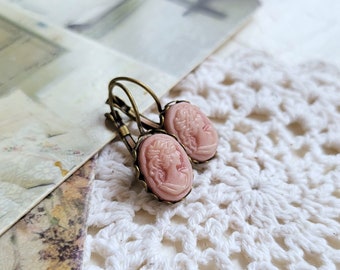 Cameo earrings, Small Victorian lady cameo earrings, Vintage style earring gift, Downton Abbey Earrings, Shabby chic dusty pink earring