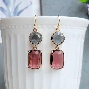 Burgundy and charcoal gray drop earrings and necklace Maroon drop Bridal earring Rectangular earring Burgundy drop necklace and earrings set