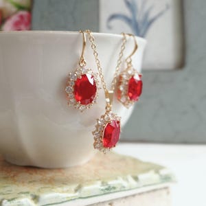 Red Crystal Drop Earrings, Gold Plated CZ Halo, Bridal Jewelry image 6