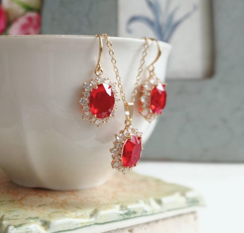 Red Crystal Drop Earrings, Gold Plated CZ Halo, Bridal Jewelry image 6