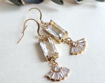 Clear drop earrings, CZ drop wedding earrings, Rectangular clear and gold geometric earrings, Bridal earrings, Fan shape Art deco earrings