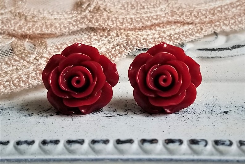 Red rose earrings, Flower stud earrings, S925 earrings, Sterling silver post earring, Sterling Silver Back, Christmas earrings image 3