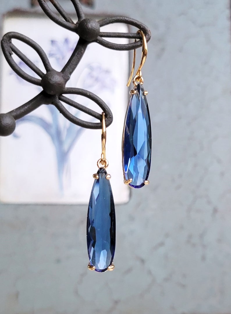 Blue drop earrings, Long teardrop earrings, Crystal dangling earrings, Bridal earrings, Blue earrings, Long crystal earrings, Something blue image 4
