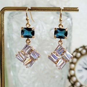 Navy blue clear crystal drop earrings Something blue Mosaic CZ crystal earrings Blue and gold earrings Blue and gold earrings gift for her image 1