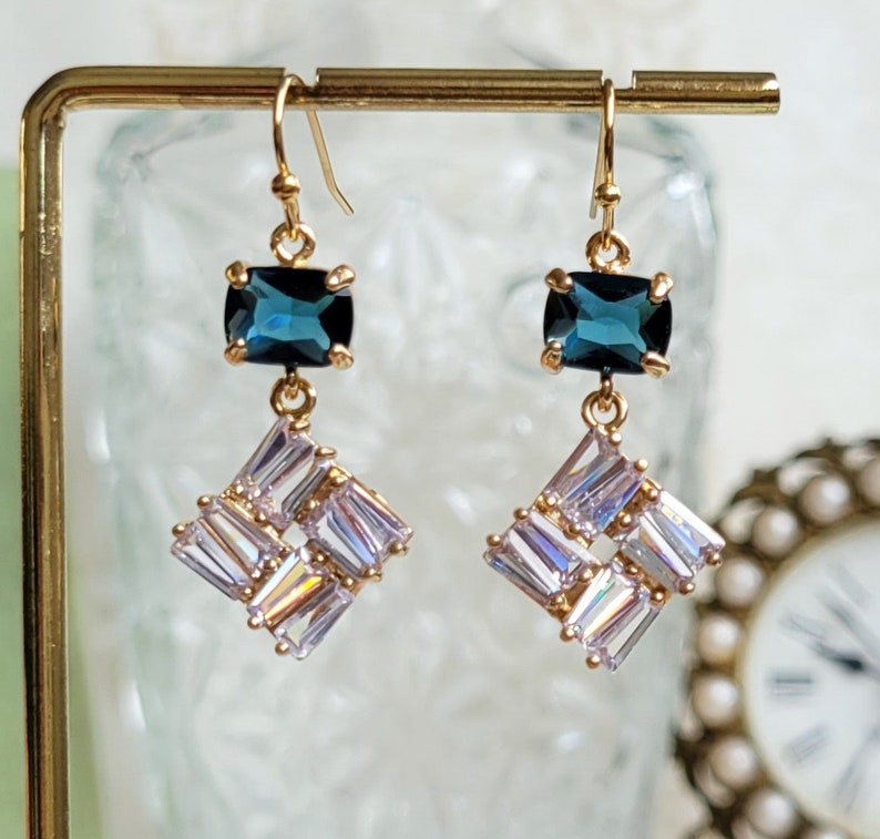 Navy blue clear crystal drop earrings Something blue Mosaic CZ crystal earrings Blue and gold earrings Blue and gold earrings gift for her image 1