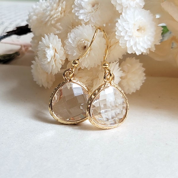 Crystal dangling earrings Bridal earrings drop Gold Bridal earrings Clear drop earrings Gift for her Gold bridesmaid earrings Simple drop