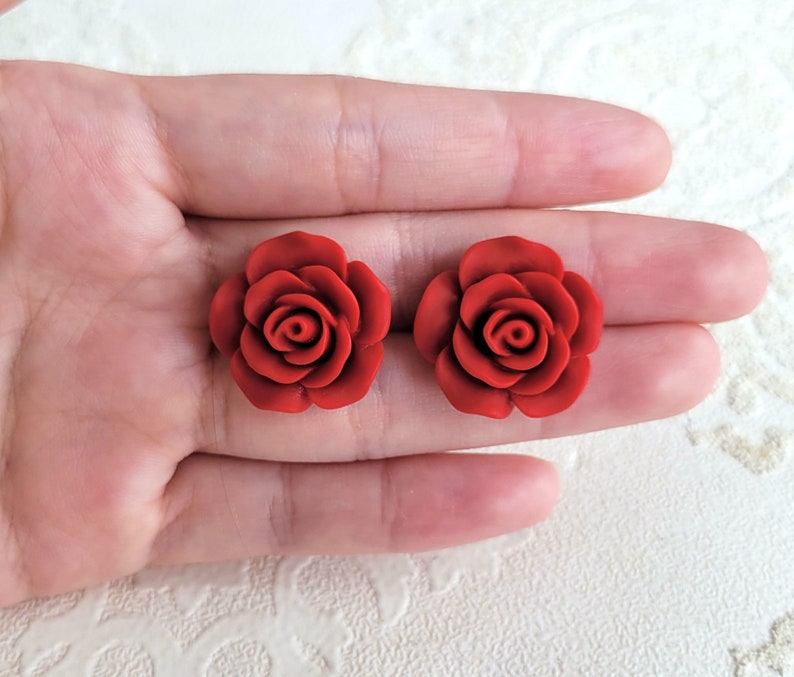 Red Flower earrings, Large Flower stud earring, Matte red rose earrings gift, S925 Sterling silver post earring, Christmas flower earring image 4