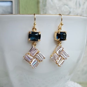 Navy blue clear crystal drop earrings Something blue Mosaic CZ crystal earrings Blue and gold earrings Blue and gold earrings gift for her image 8