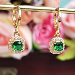 Huggie hoops earrings, CZ emerald earrings, Cubic zirconia drop earrings, CZ earrings, Dainty green earrings, Small earrings, Gift earrings
