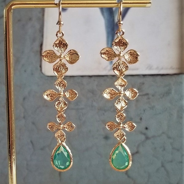 Mint green drops earrings, Golden cascading flower earrings, Bridal drop earrings, Golden bridal jewelry, Bridal earrings