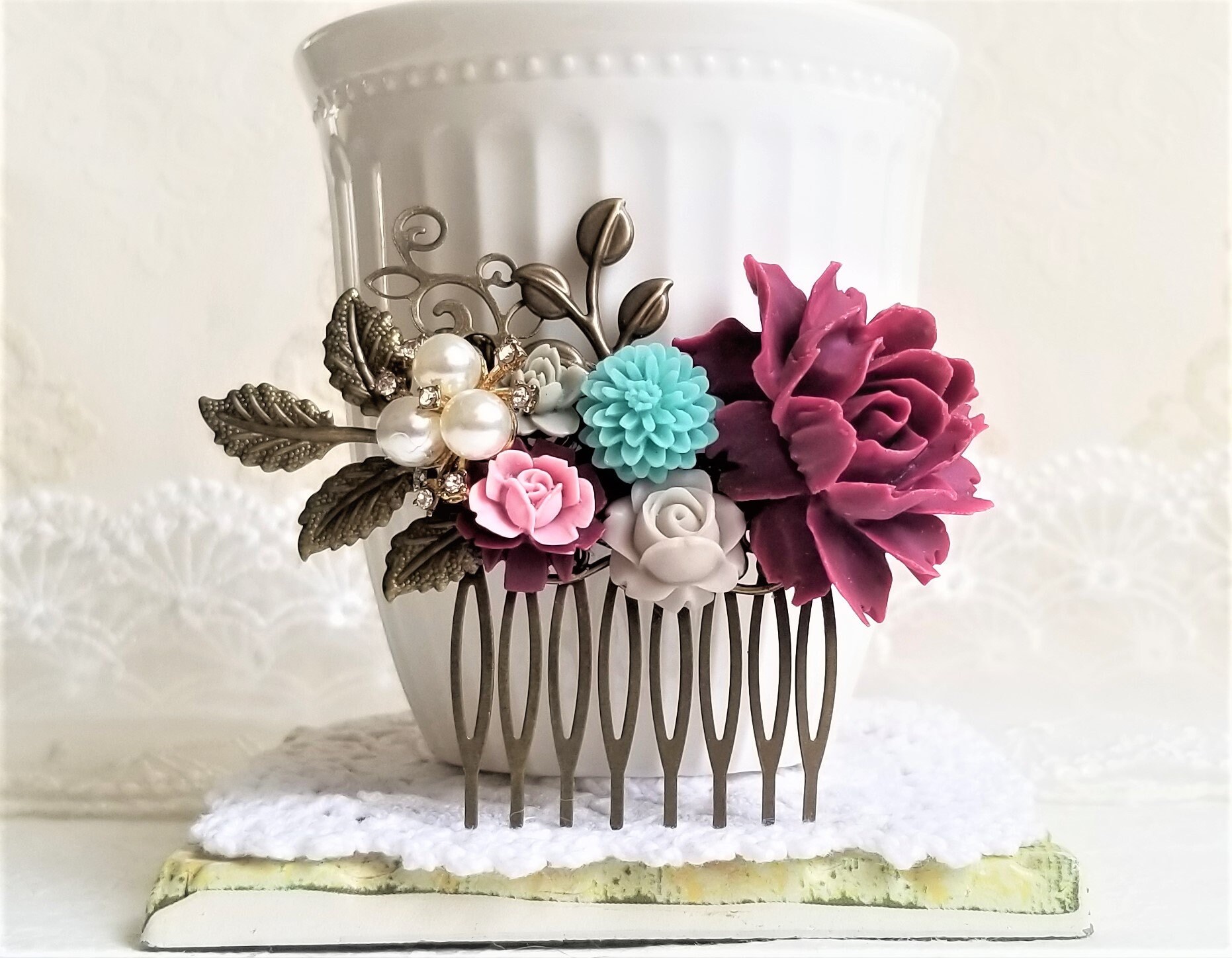 Borgoña rosas grises y acuáticas accesorio de pelo de jardín | Etsy