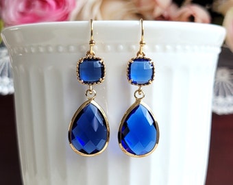 Sapphire glass drop earrings, Bridal earrings, Wedding jewelry, Blue crystal and gold earrings, Sapphire drop earrings, Sapphire earrings