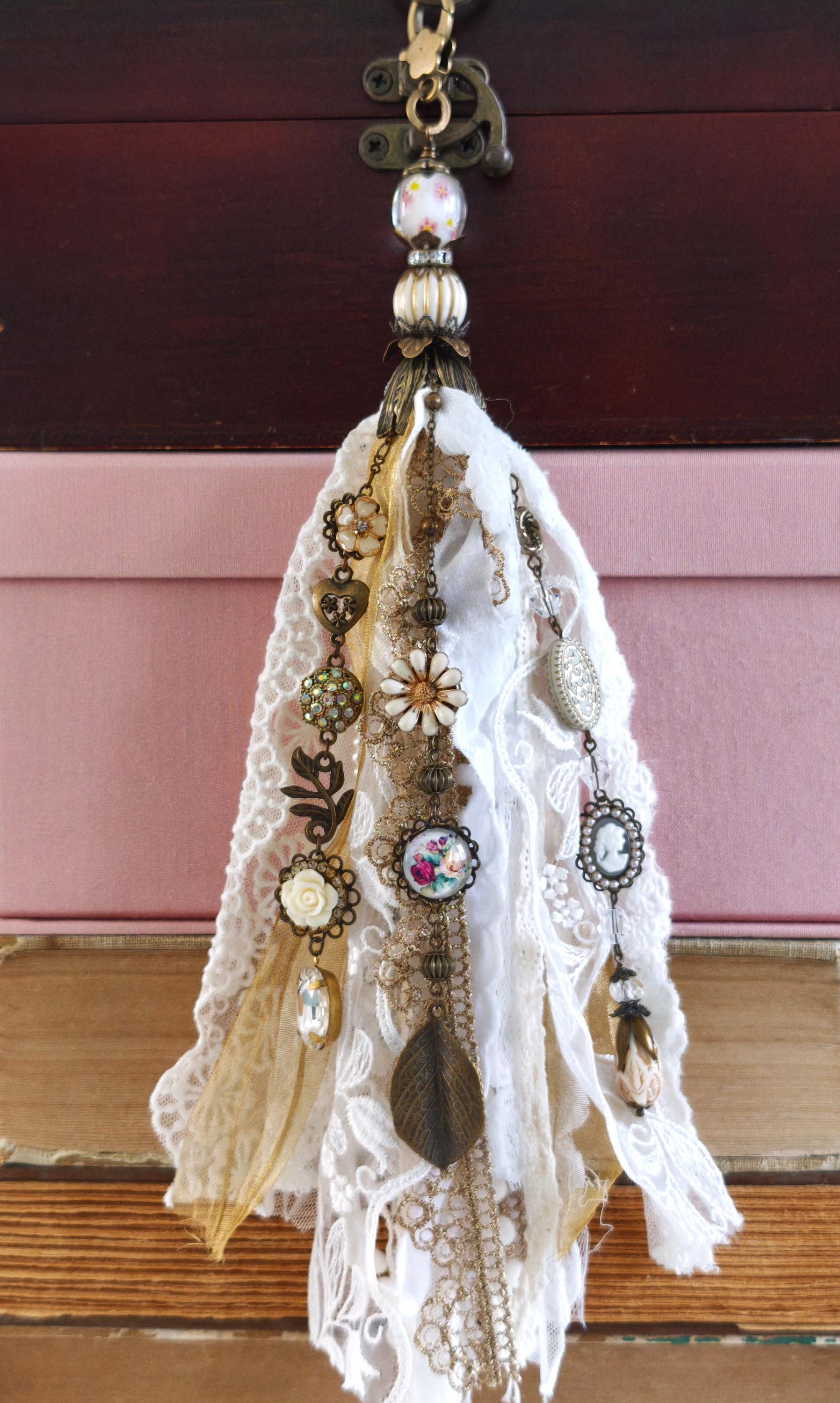Ivory Keychain Ivory Lace Tassel Keychain, Shabby Chic Beaded Decor, French Country ...