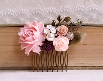 Floral collage hair comb Bridemaid's gift Pink Mauve and Burgundy bridal hair comb wedding flower jewelry