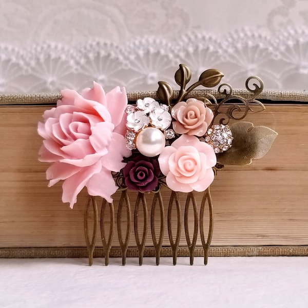 Floral collage hair comb Bridemaid's gift Pink Mauve and Burgundy bridal hair comb wedding flower jewelry