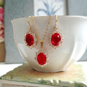Red Crystal Drop Earrings, Gold Plated CZ Halo, Bridal Jewelry image 3