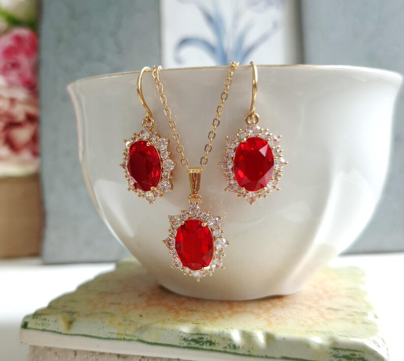 Red Crystal Drop Earrings, Gold Plated CZ Halo, Bridal Jewelry image 3