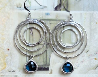 Blue drop earrings, Silver and blue Earrings, Silver circles filigree earrings, Silver geometric earrings, Navy blue and silver earrings