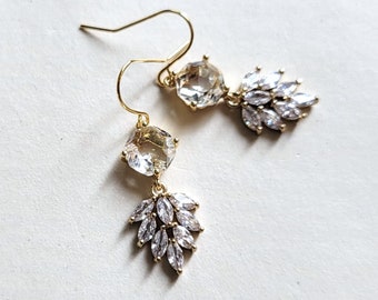 CZ drop clear crystal earrings Boho wedding earrings Bridal earrings Cubic zirconia leaf earrings Asscher cut earrings Gift earrings