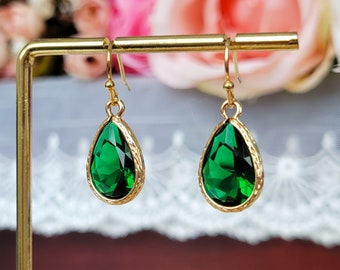 Emerald Green Crystal Teardrop Earrings, Gold Plated Brass