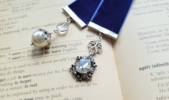 Navy Velvet Bookmark with Pearl and Crystal Charm