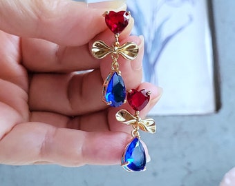 Cute heart stud earrings, Red heart earrings, CZ red and blue drop earrings, Heart earrings gift for her, Sapphire drop earrings